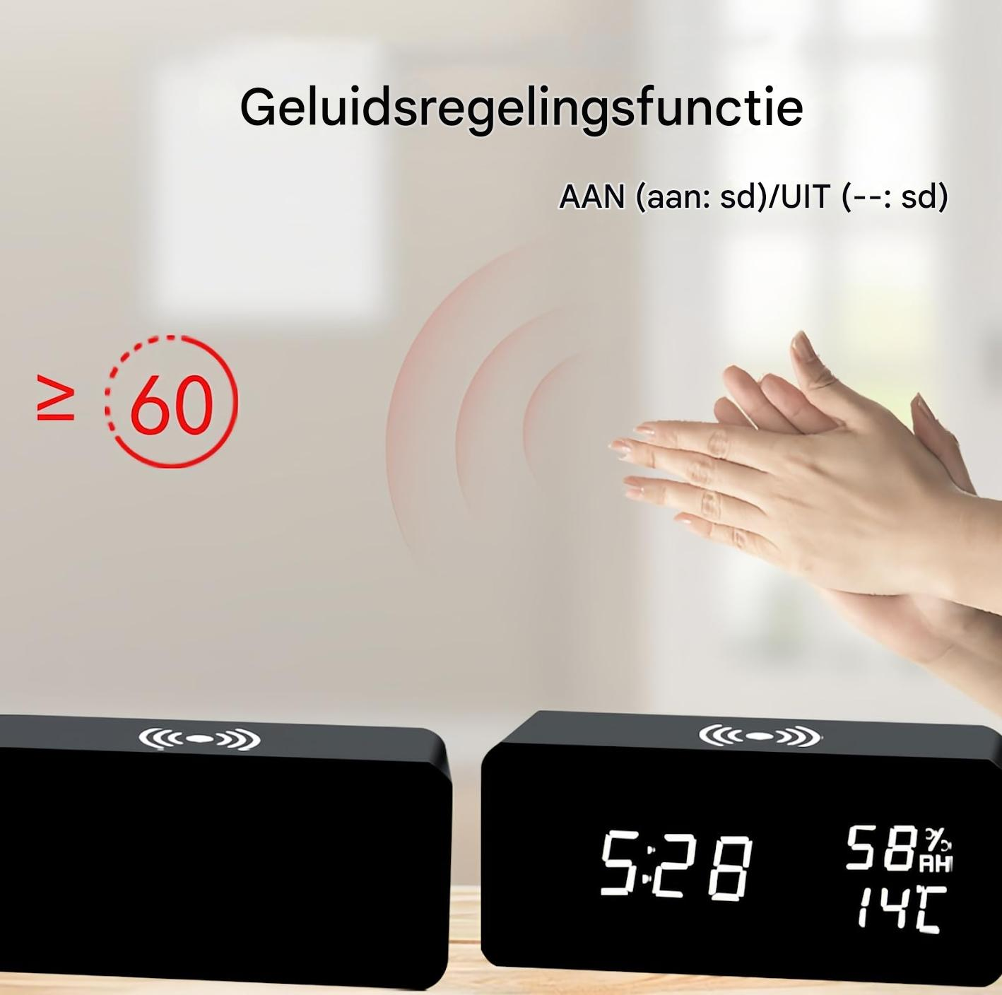Digitaluhr mit Lautstärkeregelung und Händeklatschen über 60 dB.