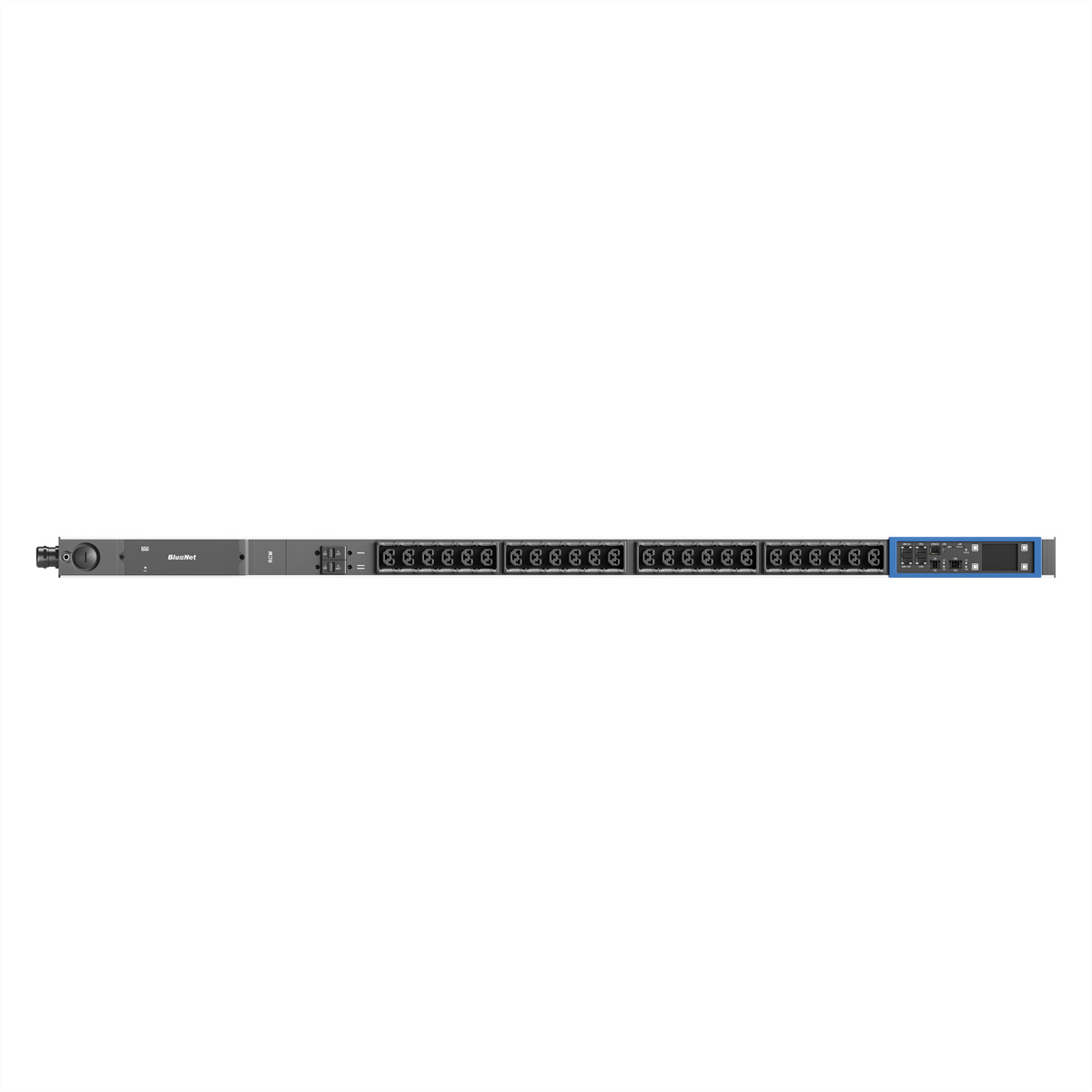 Ein schwarzes Rack-Gerät mit vielen Steckdosen und einem blauen Frontpanel.