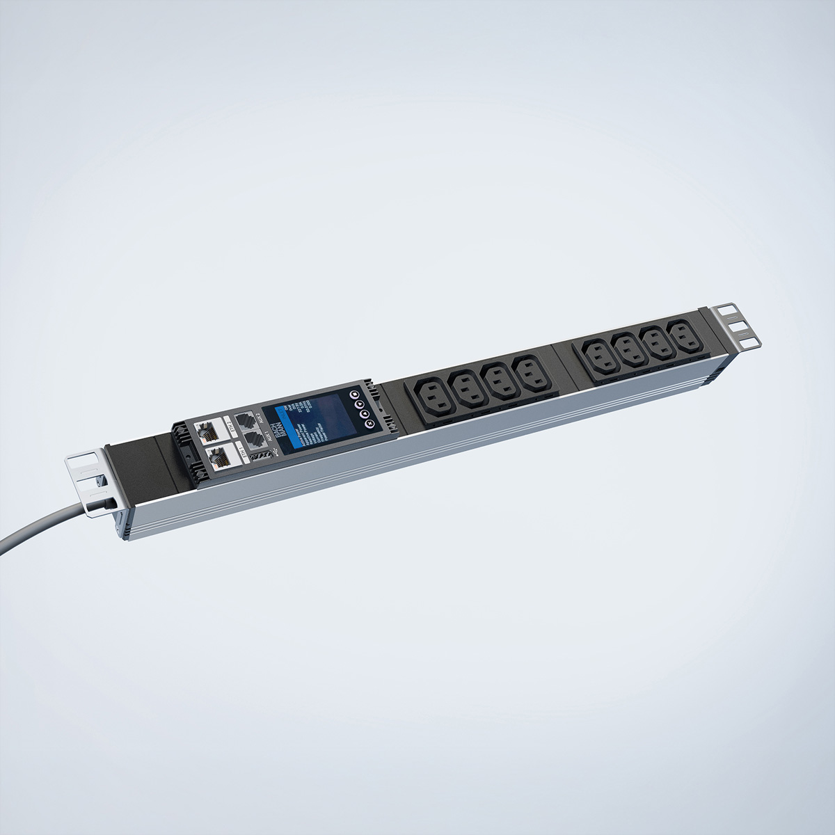 Ein silberner Rack-PDU mit Steckdosen und einem LCD-Bildschirm.