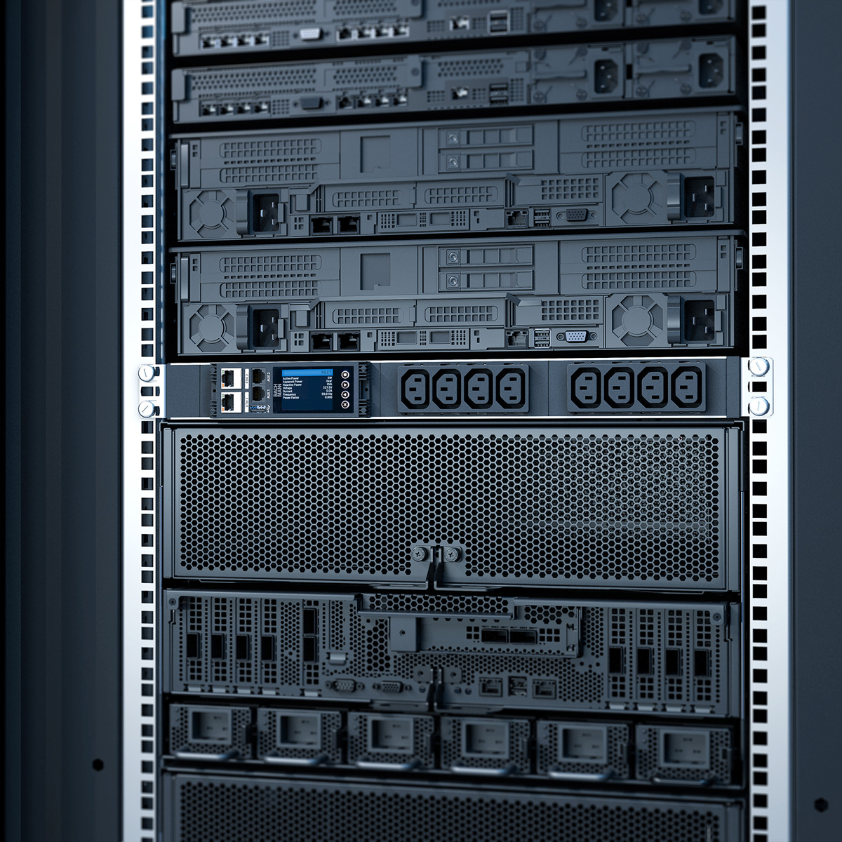 Ein Rack mit Servern und Netzwerkgeräten, mit einem kleinen Bildschirm.