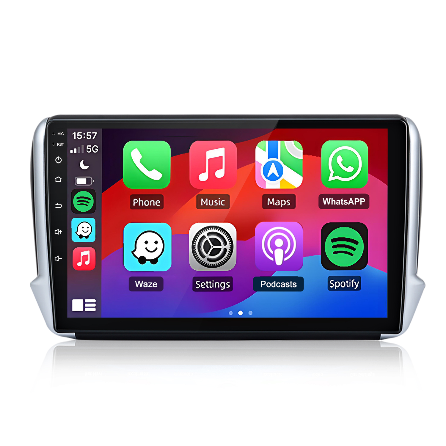 Ein Autoradio-Touchscreen zeigt App-Symbole für Telefon, Musik, Karten, WhatsApp, Waze, Einstellungen, Podcasts und Spotify.