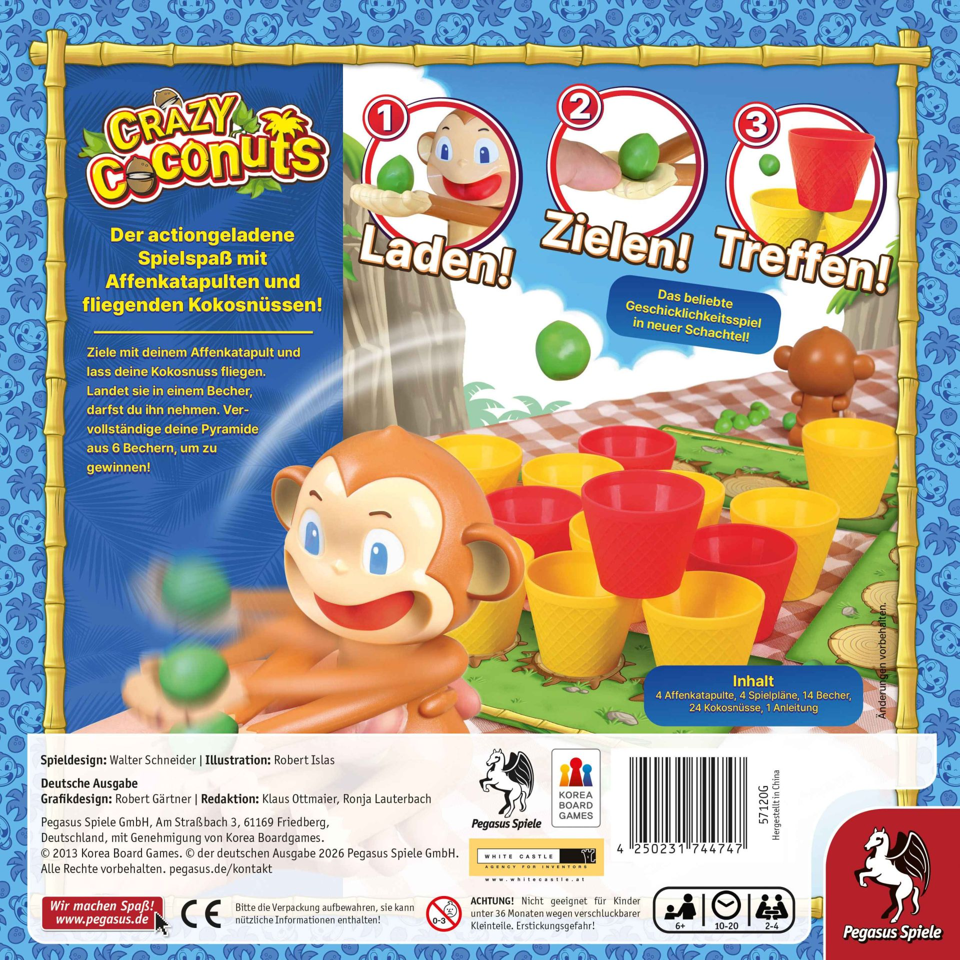 Das Spiel "Crazy Coconuts" zeigt Affen, Kokosnüsse, Becher und Spielanleitung.
