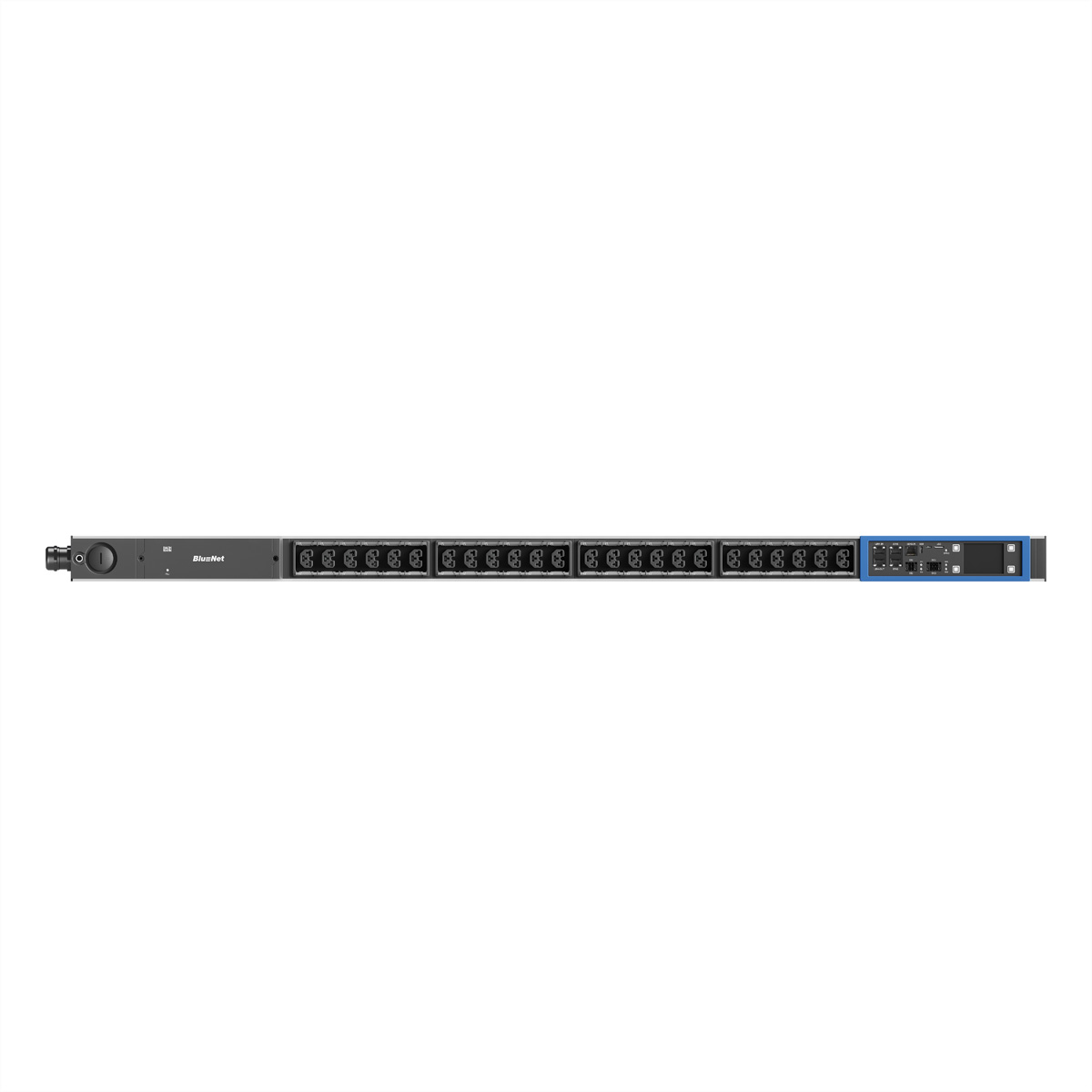 Ein graues Rack-Gerät mit zahlreichen Steckdosen und einem blauen Bedienfeld.