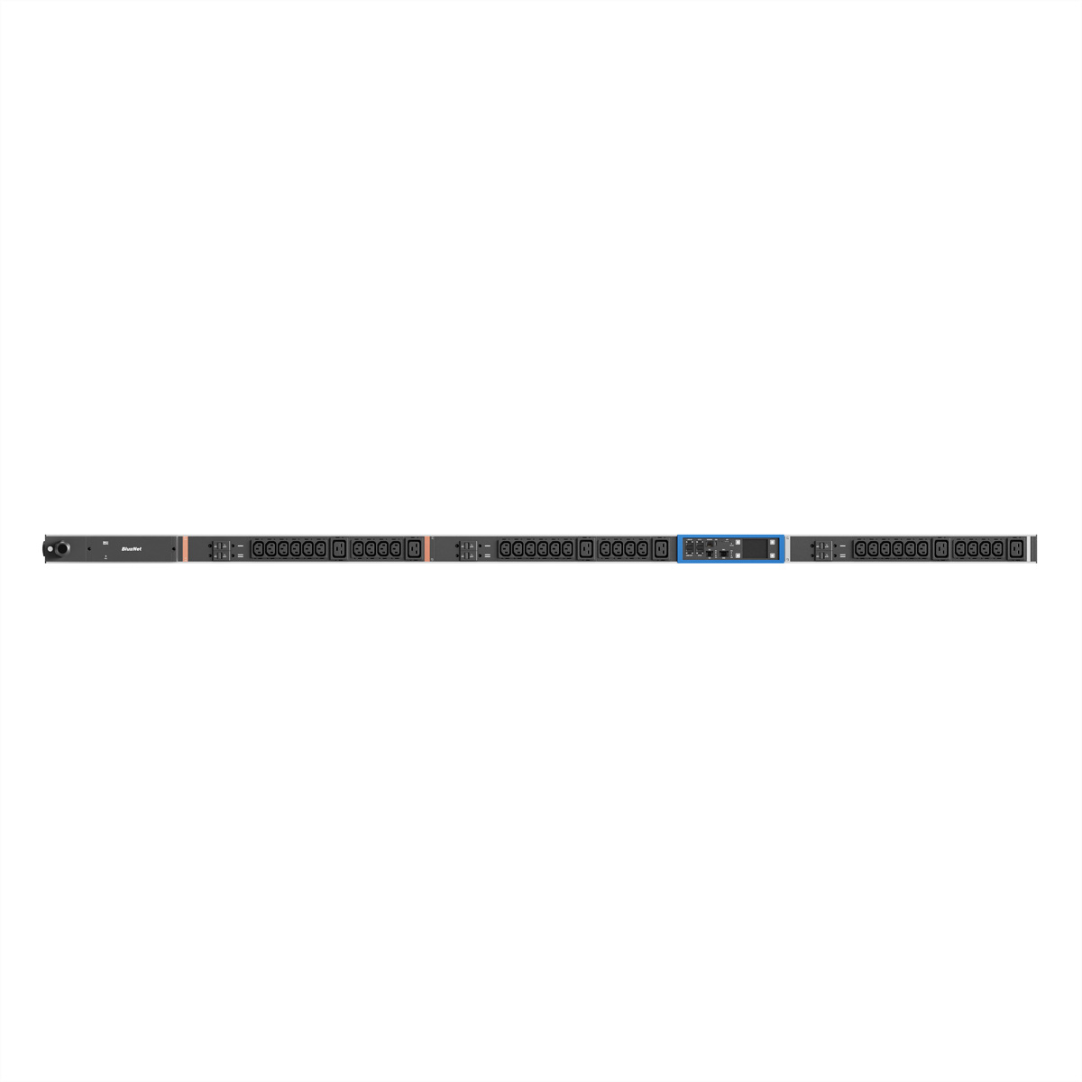 Schwarzes Rack-Gerät mit vielen Steckdosen und blauen Lämpchen in der Mitte.