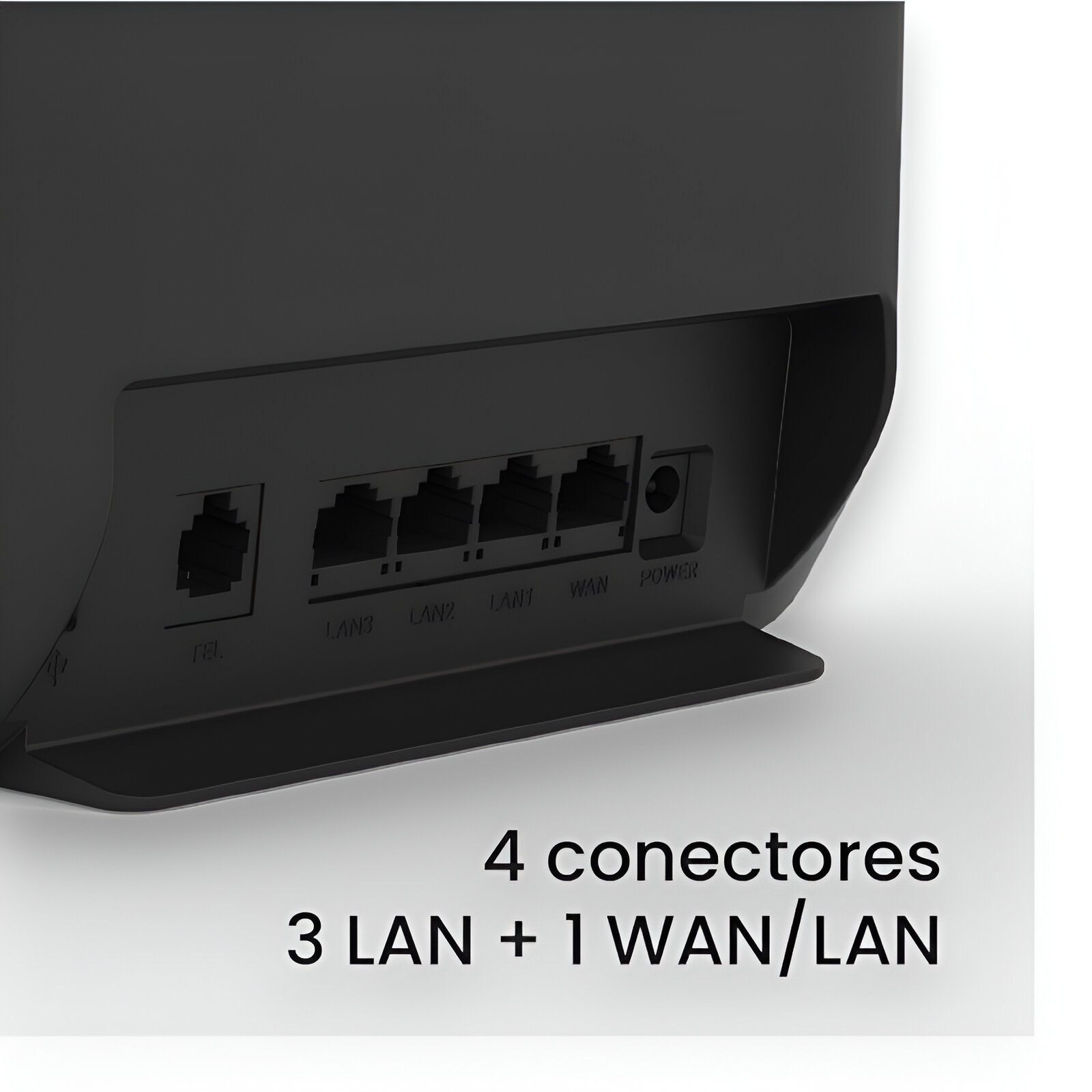 Parte trasera de un router negro con puertos: TEL, 3x LAN, 1x WAN, Alimentación.