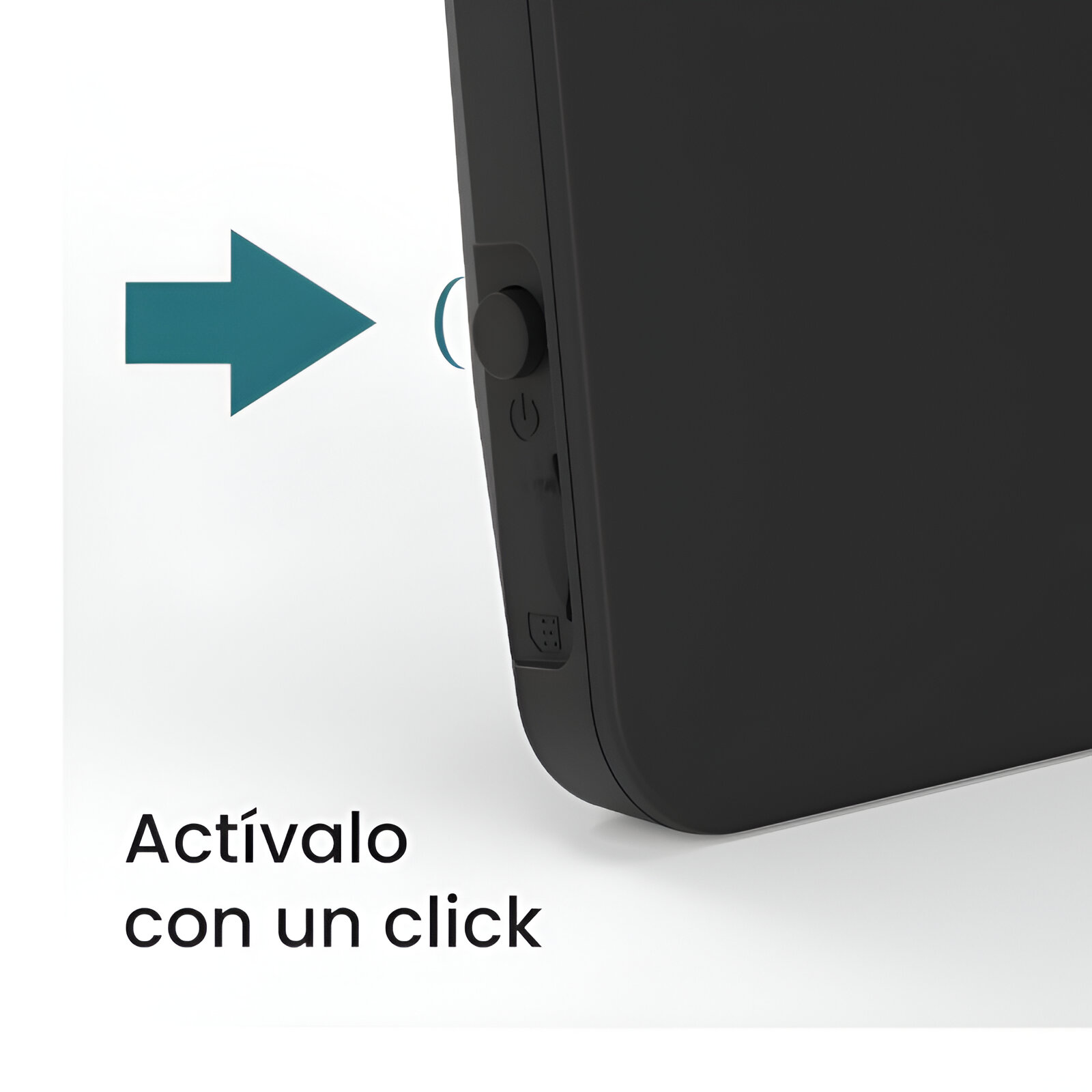 Una flecha azul apunta a un botón negro en un dispositivo negro.
