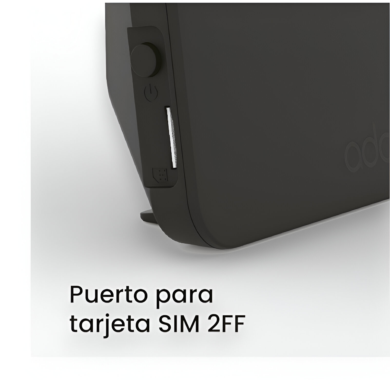 Dispositivo negro con ranura para tarjeta SIM y botón de encendido.