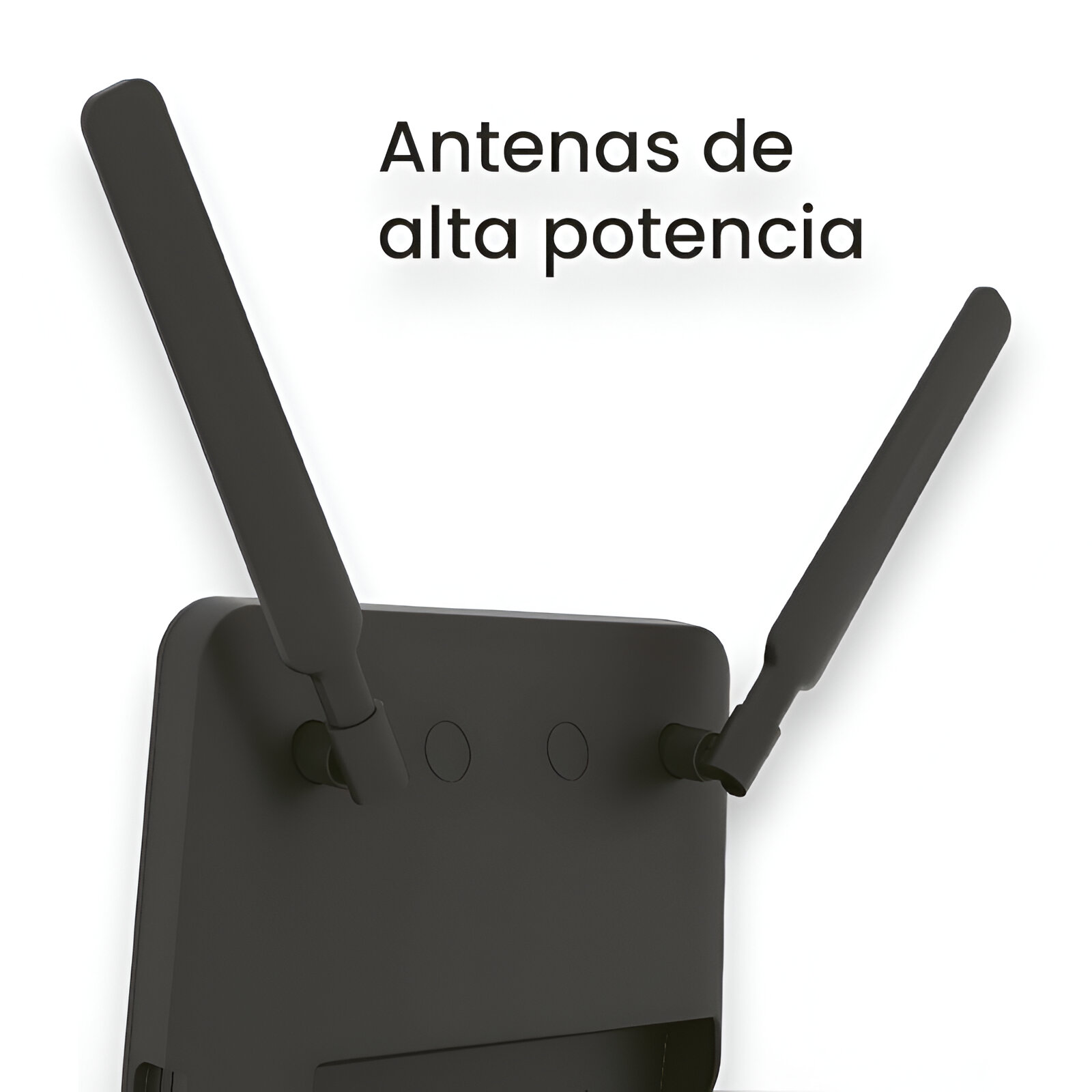 Un router negro con dos antenas, fondo blanco.