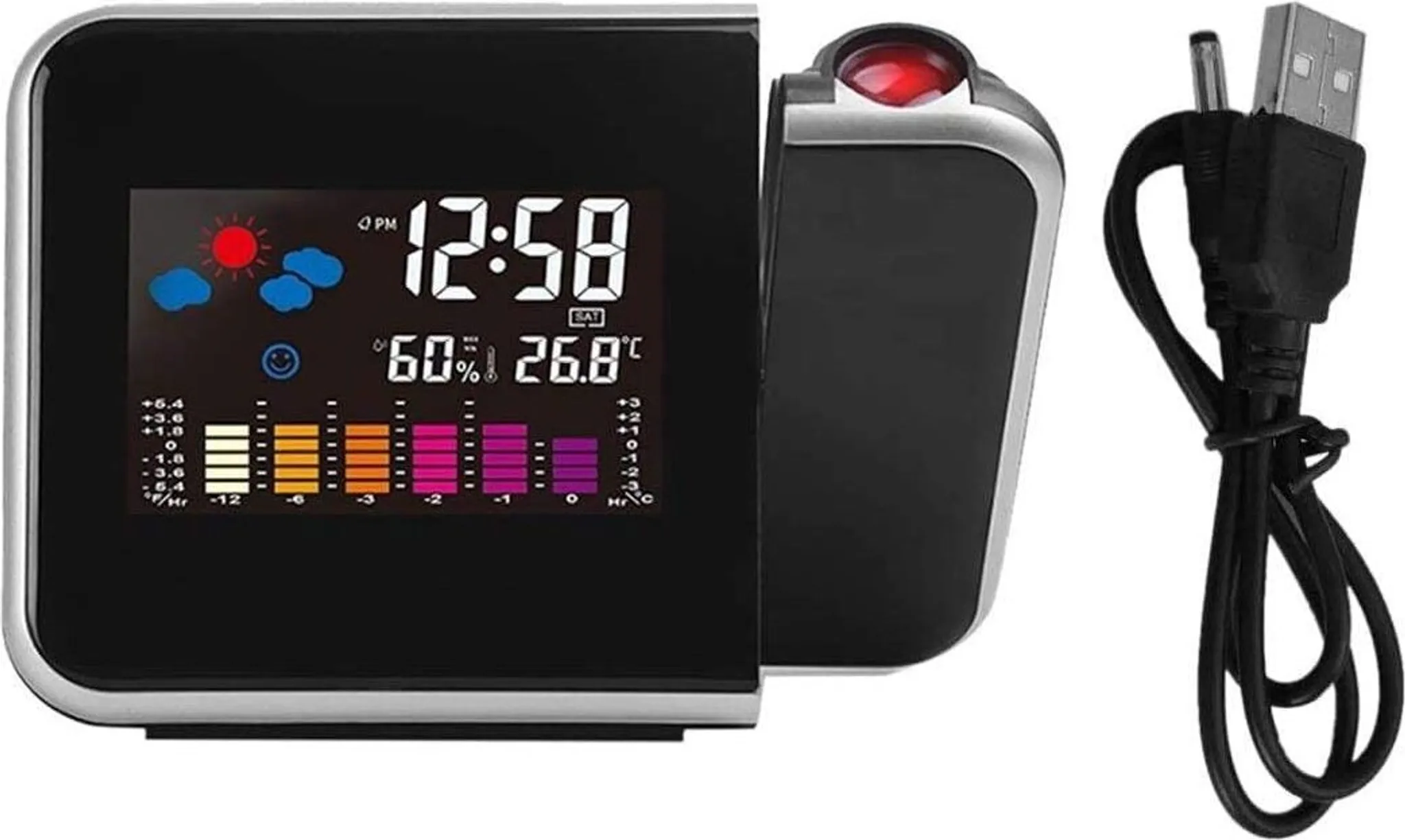 Digitaluhr zeigt 12:58, 60% Luftfeuchtigkeit, 26,8C Temp, Wettersymbole, Balkendiagramme und USB-Kabel.