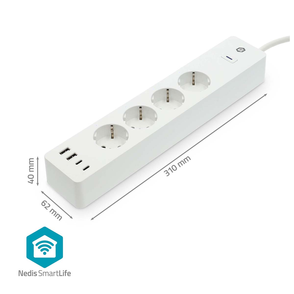 Weiße Steckdosenleiste mit 4 Steckplätzen und 3 USB-Anschlüssen, 310 mm lang.
