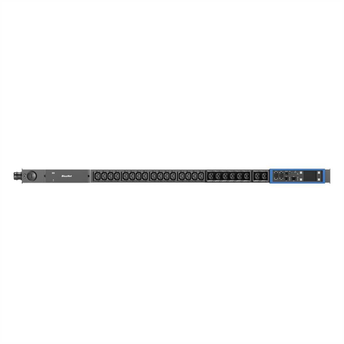Rack-Netzverteilereinheit mit mehreren Steckdosen und blauem Digitaldisplay.