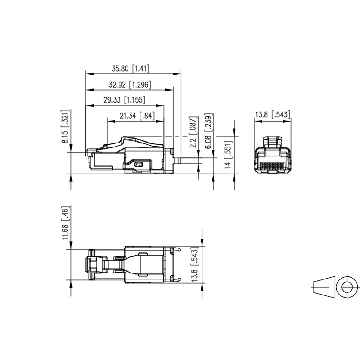 Disegno tecnico di un connettore con dimensioni.
