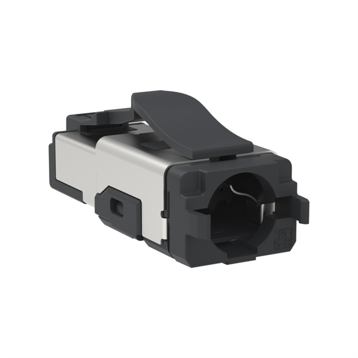 Un connettore modulare RJ45 grigio argento e scuro con fermo rialzato.