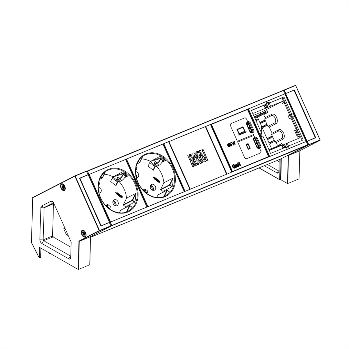 Ein Steckerleistensystem mit zwei Steckdosen und einem USB-Anschluss.