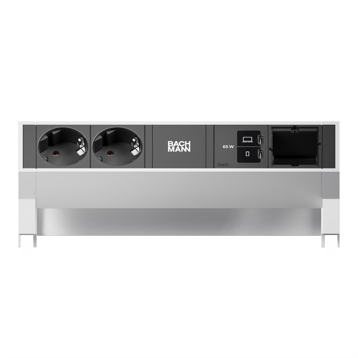 Grauer Mehrfachsteckdosenadapter mit 2 Steckdosen, 1x USB-C, 1x USB-A und 1x Netzwerkanschluss.