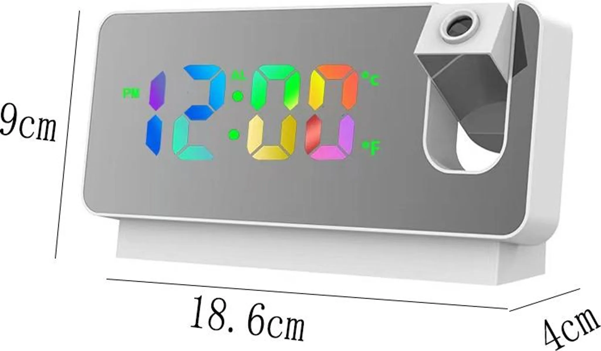 Digitaluhr zeigt 12:00 mit bunten Ziffern, Temperatur und Alarm. Maße: 18.6x9x4cm.