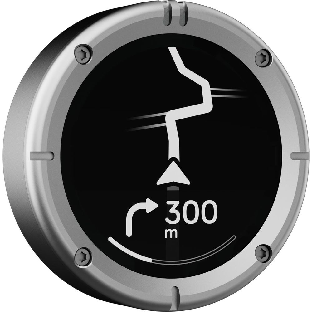 Navigationsgerät zeigt eine weiße Linie auf schwarzem Hintergrund mit 300m Entfernung.