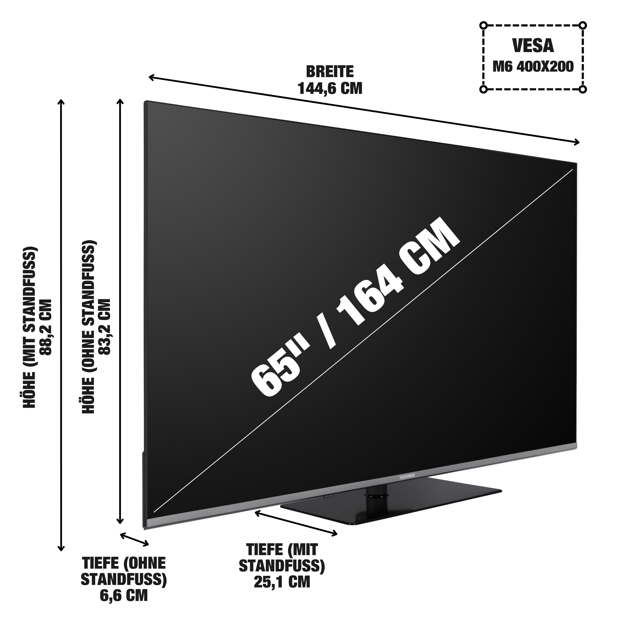 Ein 65-Zoll-Fernseher mit VESA-Halterung 400x200. Maße mit Standfuß: H 88,2cm, T 25,1cm.