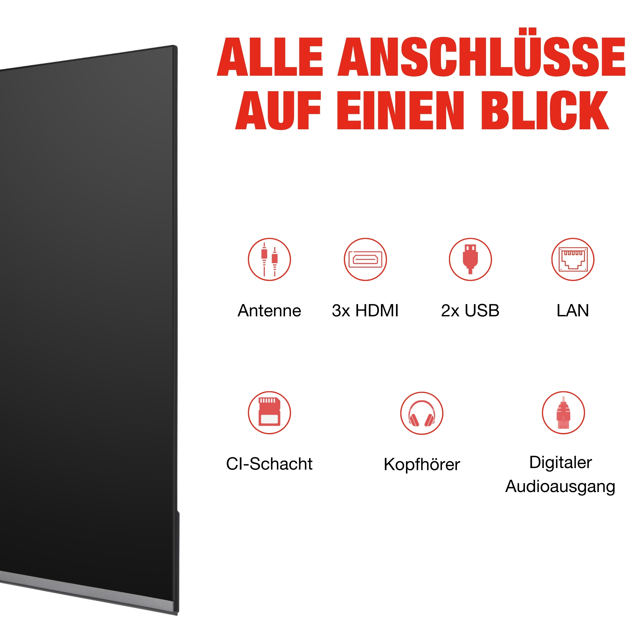 Ein schwarzer Fernseher mit roten Symbolen für Anschlüsse wie Antenne, HDMI, USB, LAN.