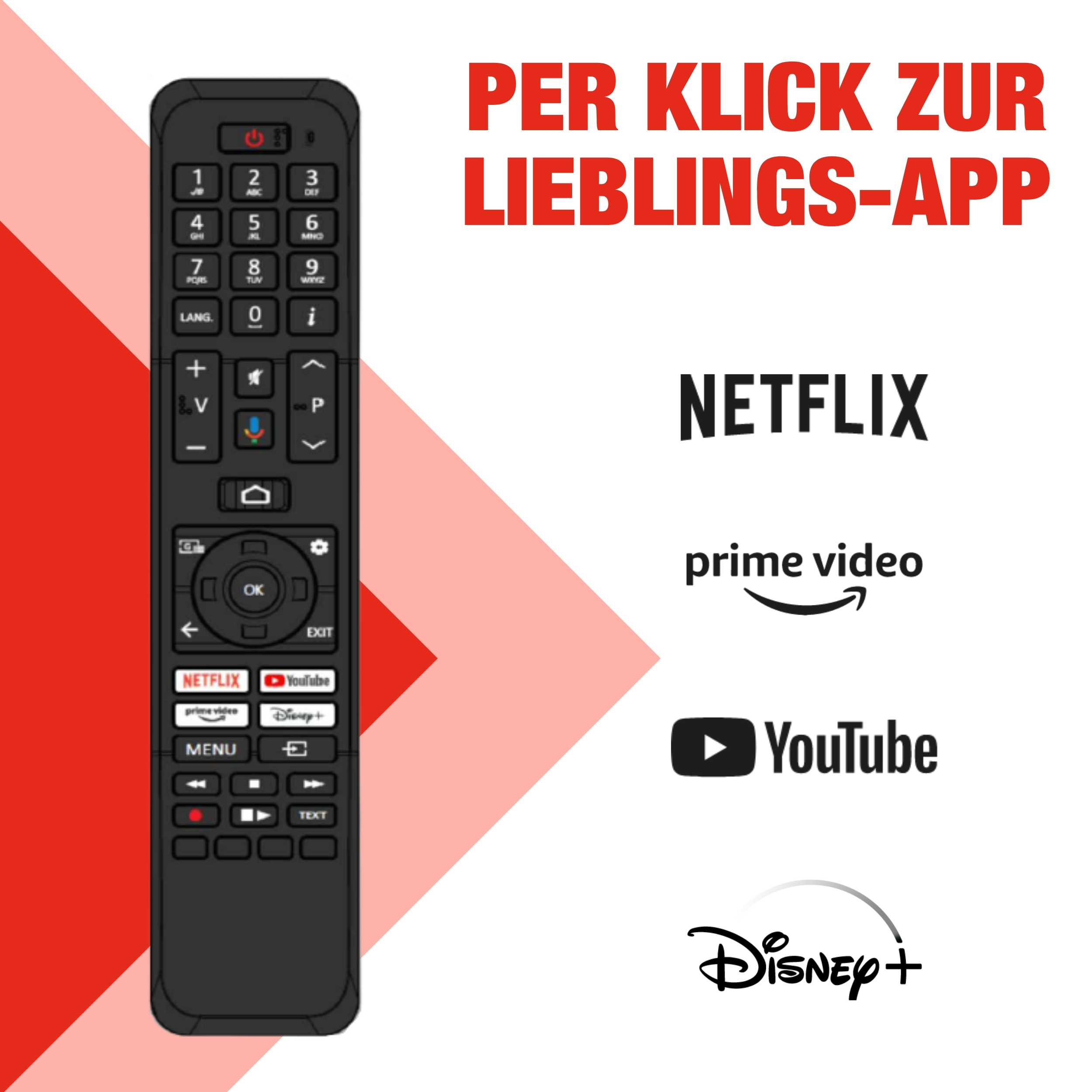 Ein schwarzer Fernbedienung mit App-Tasten und Logos von Netflix, Prime Video, YouTube, Disney+.