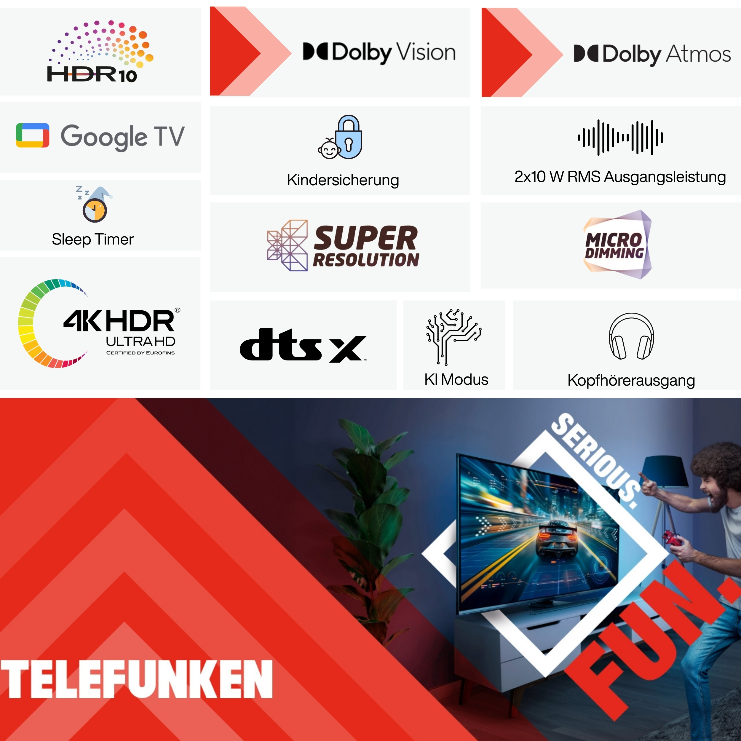 Logos für HDR10, Dolby Vision, Dolby Atmos, Google TV, Sleep Timer und 4K HDR.