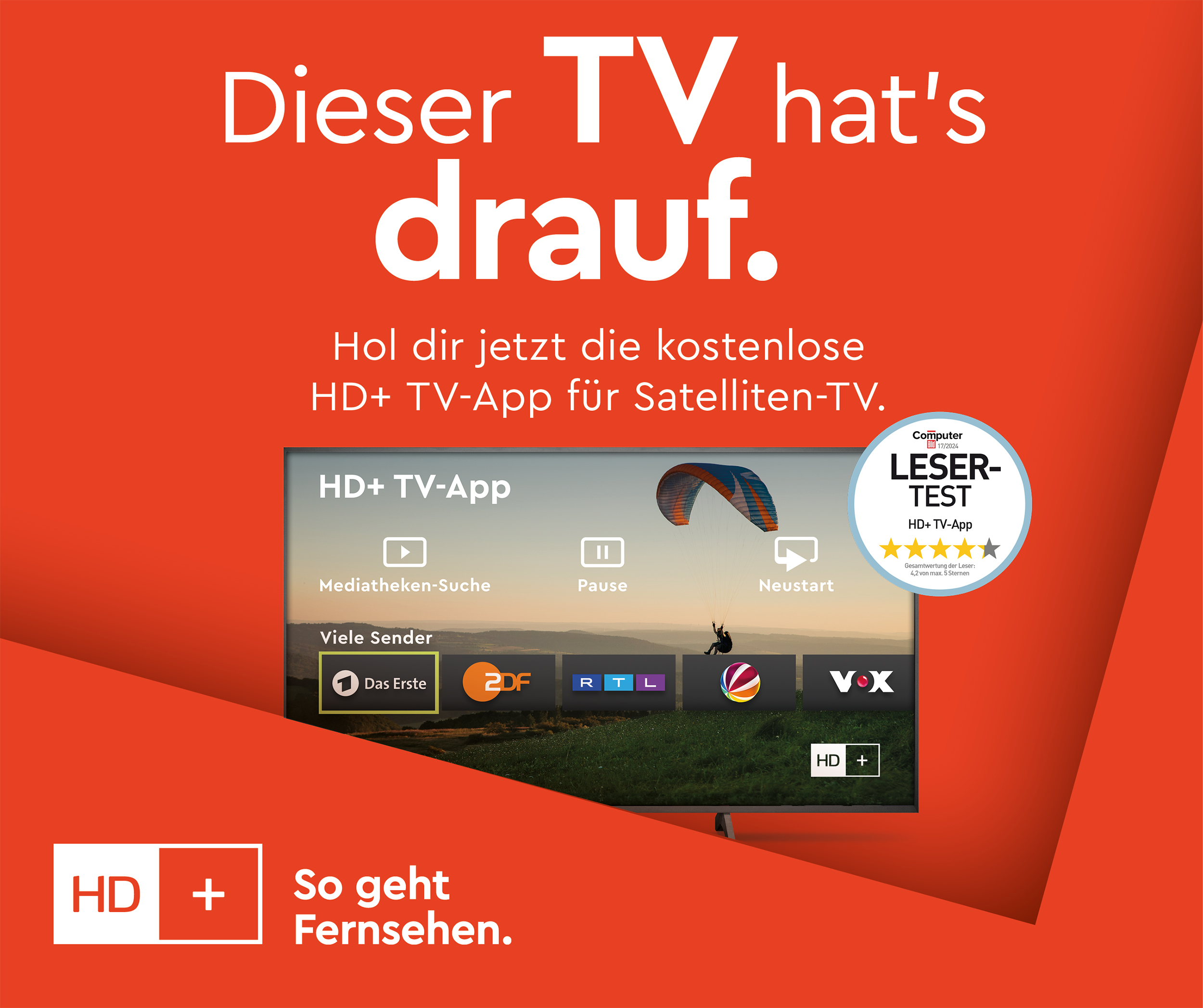Werbebanner mit TV-App-Screenshot und Text 'Dieser TV hat's drauf.'
