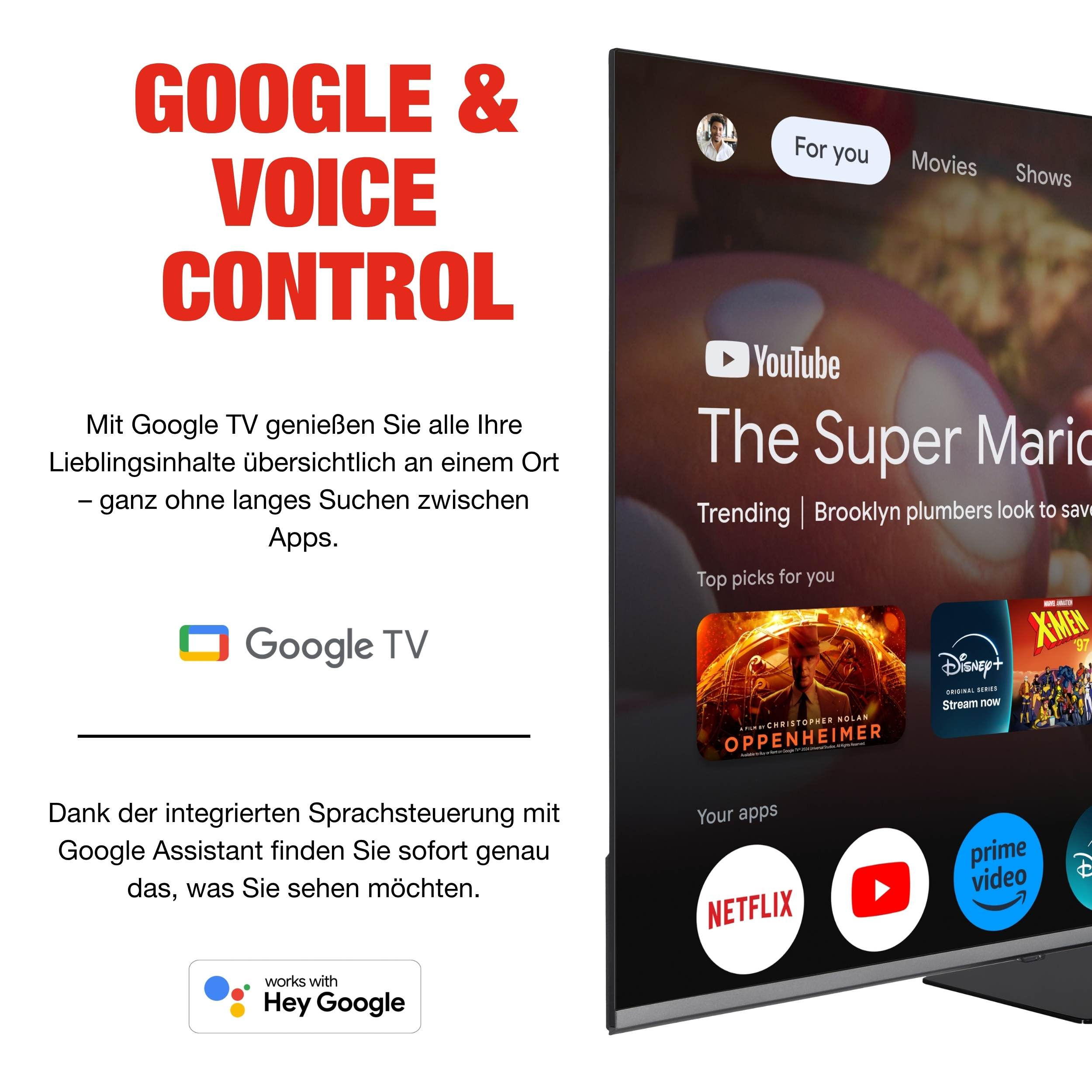 Google TV mit Sprachsteuerung. Gezeigt werden Filme und Apps wie YouTube, Netflix, Disney+.