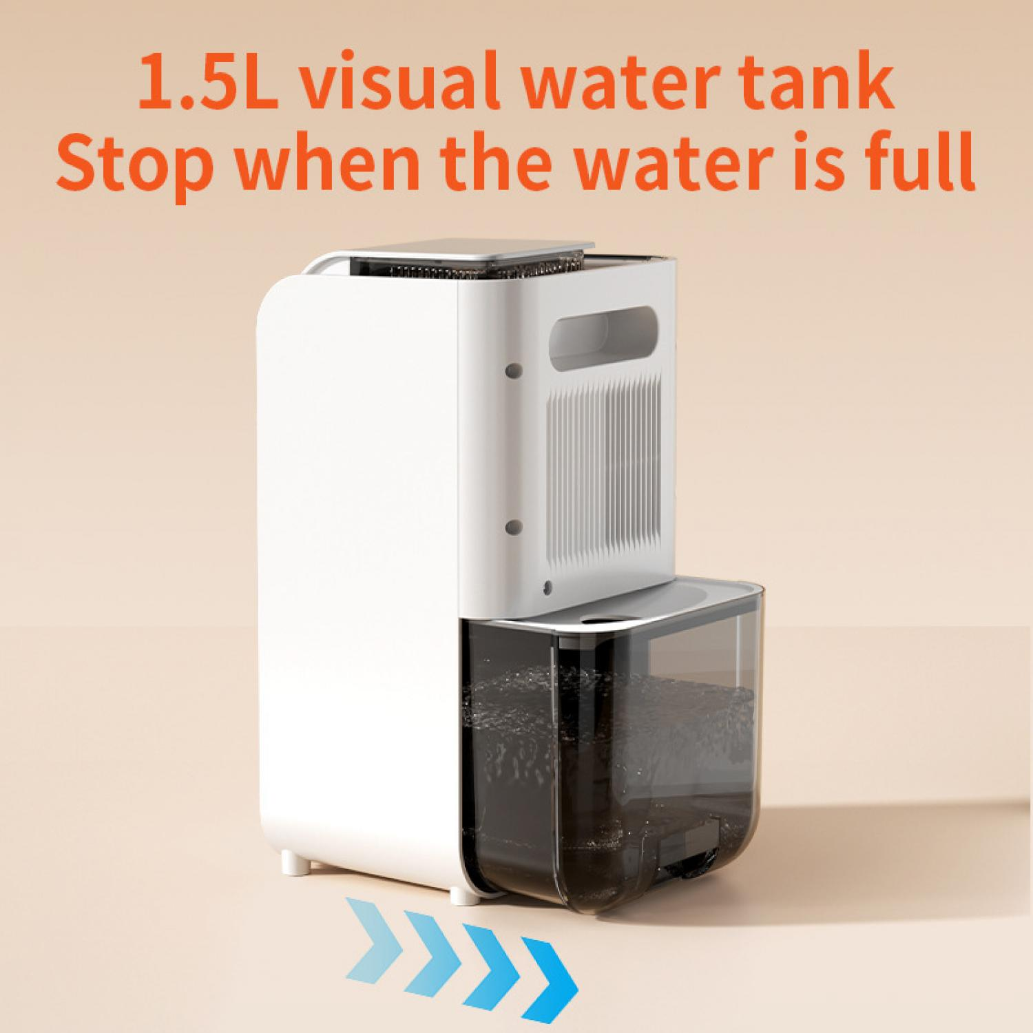 Weißer Luftentfeuchter mit vollem, dunklem Wassertank und blauen Pfeilen.