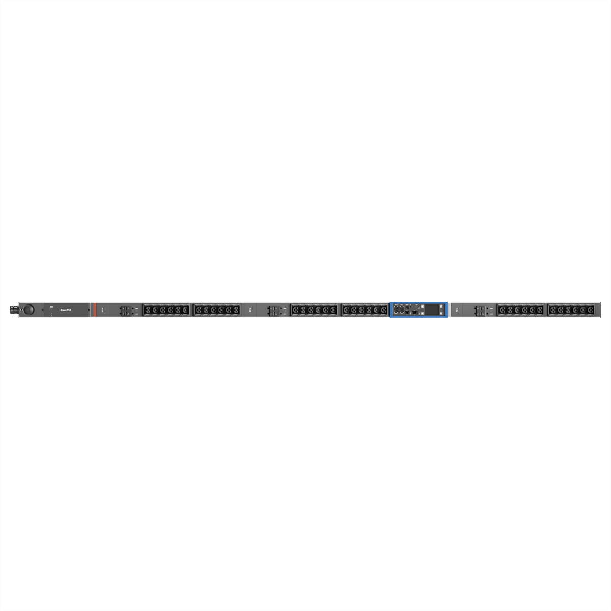 Ein langes, schmales schwarzes Gerät mit vielen Steckdosen und einer blauen Mittelpartie.