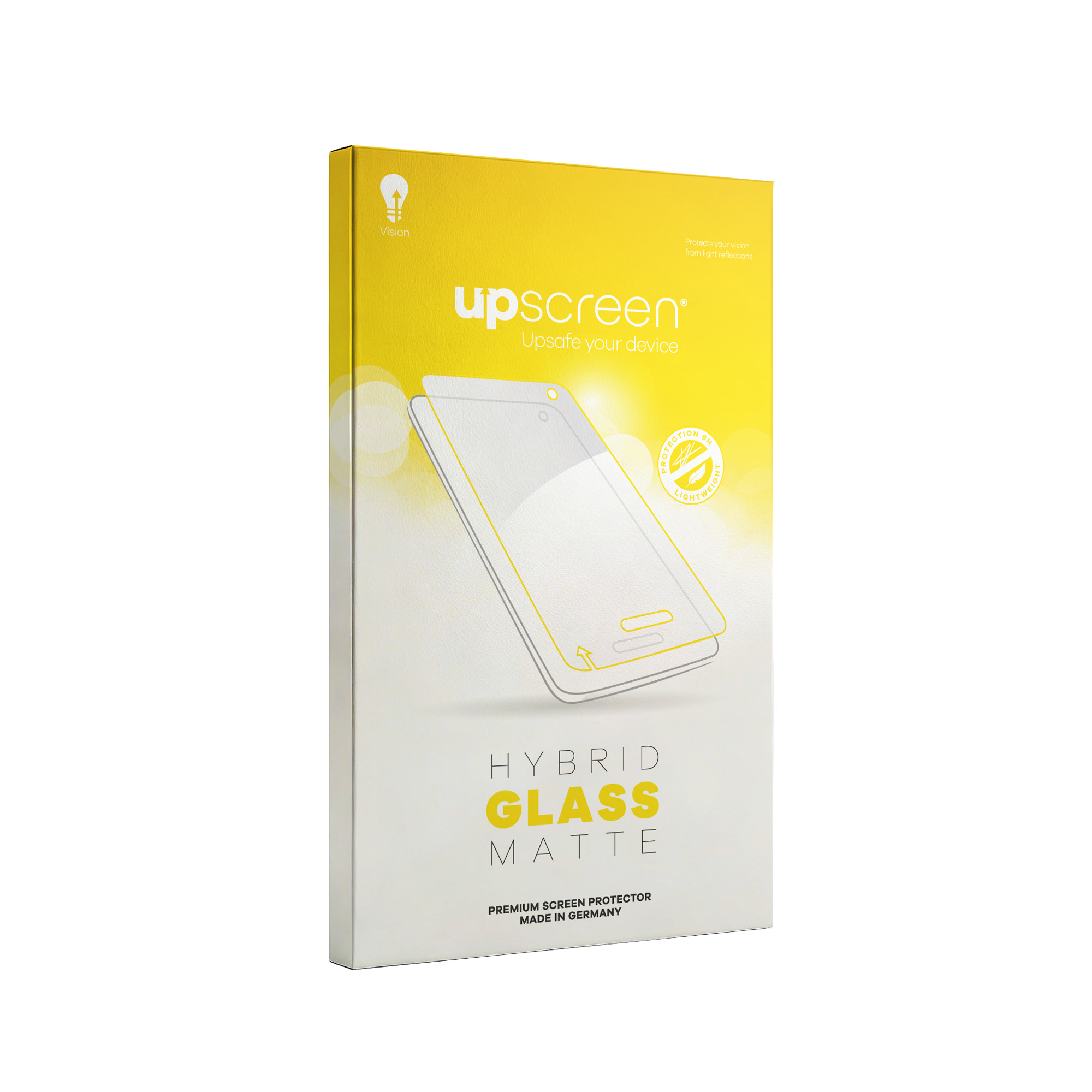 Verpackung für einen matten Hybrid-Glasschutz für Mobiltelefone.