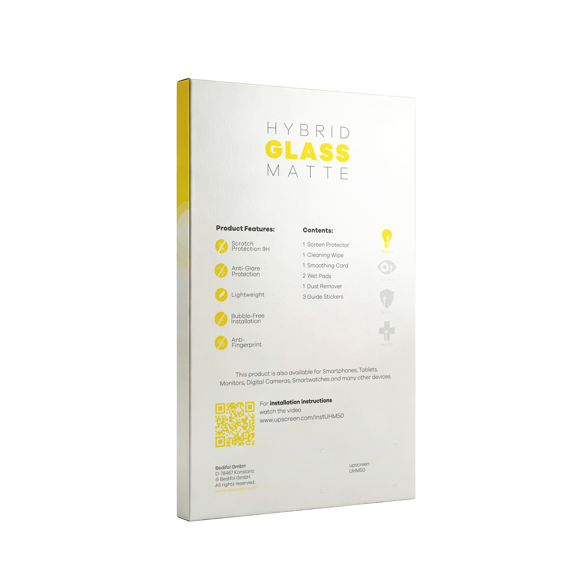 Verpackung für HYBRID GLASS MATTE mit Produktmerkmalen und Inhaltsliste.