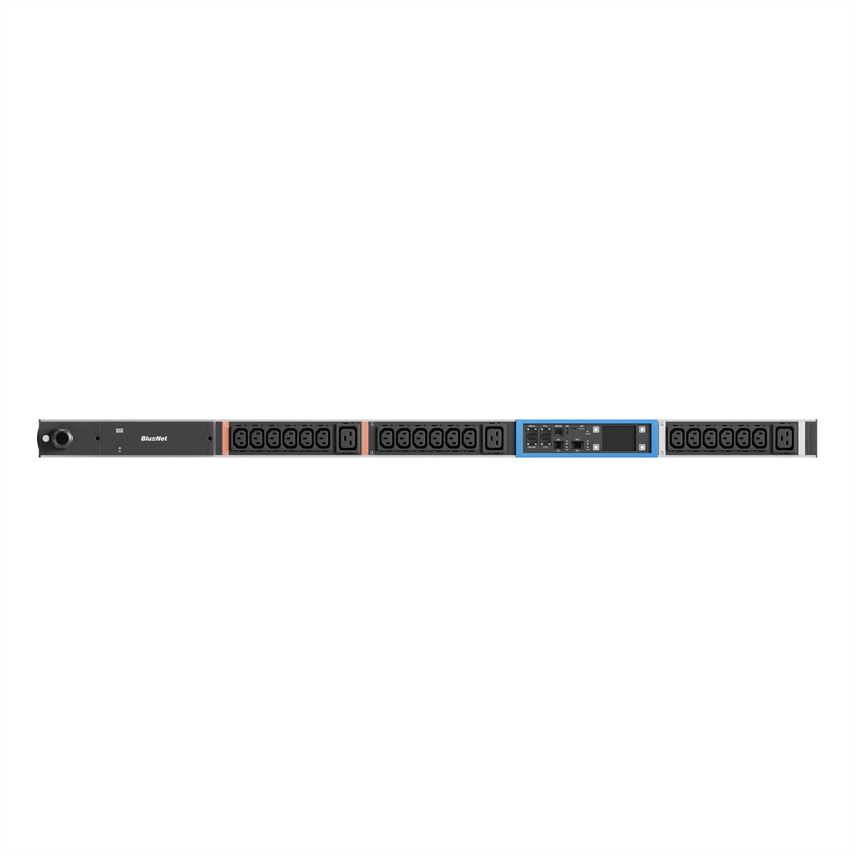 Eine schwarze Rack-Stromverteilereinheit mit mehreren Steckdosen und einem blauen Bedienfeld.