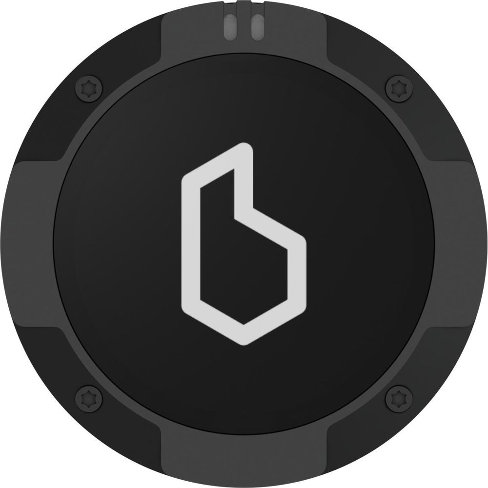 Schwarzes, rundes Gerät mit weißem Logo und zwei kleinen Lichtern oben.