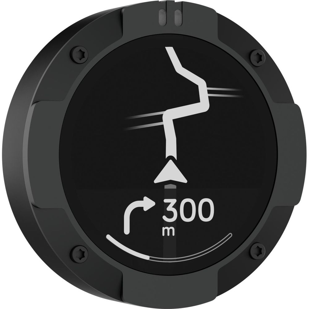 Rundes Navigationsdisplay mit weißem Pfeil, 300m Distanz und einem Abbiegepfeil.