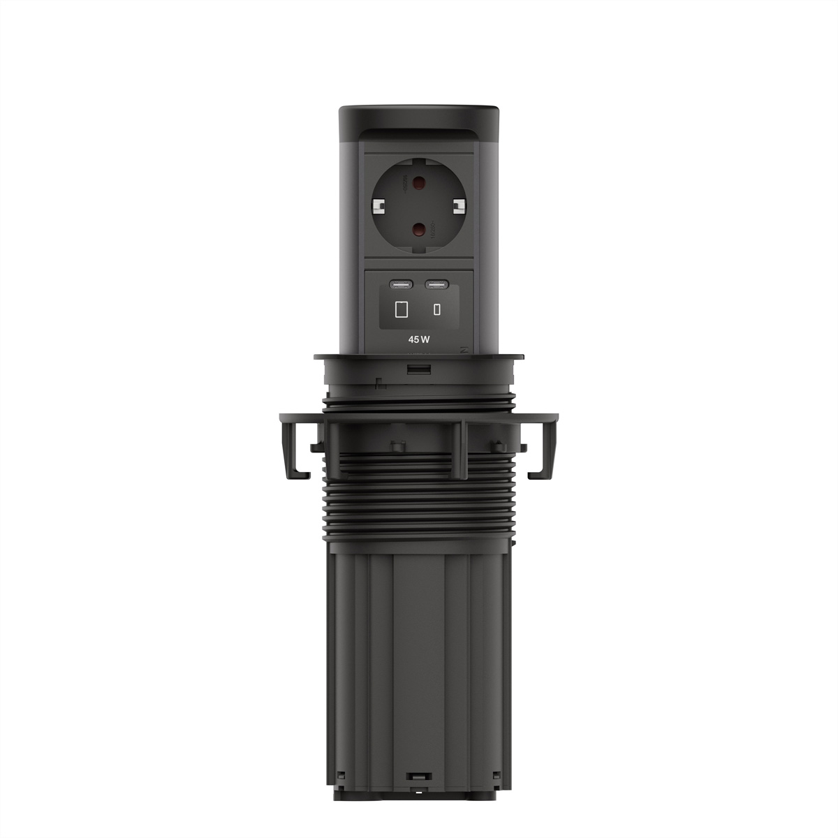Ein schwarzer Einbau-Stromanschluss mit Steckdose und zwei USB-C-Anschlüssen.