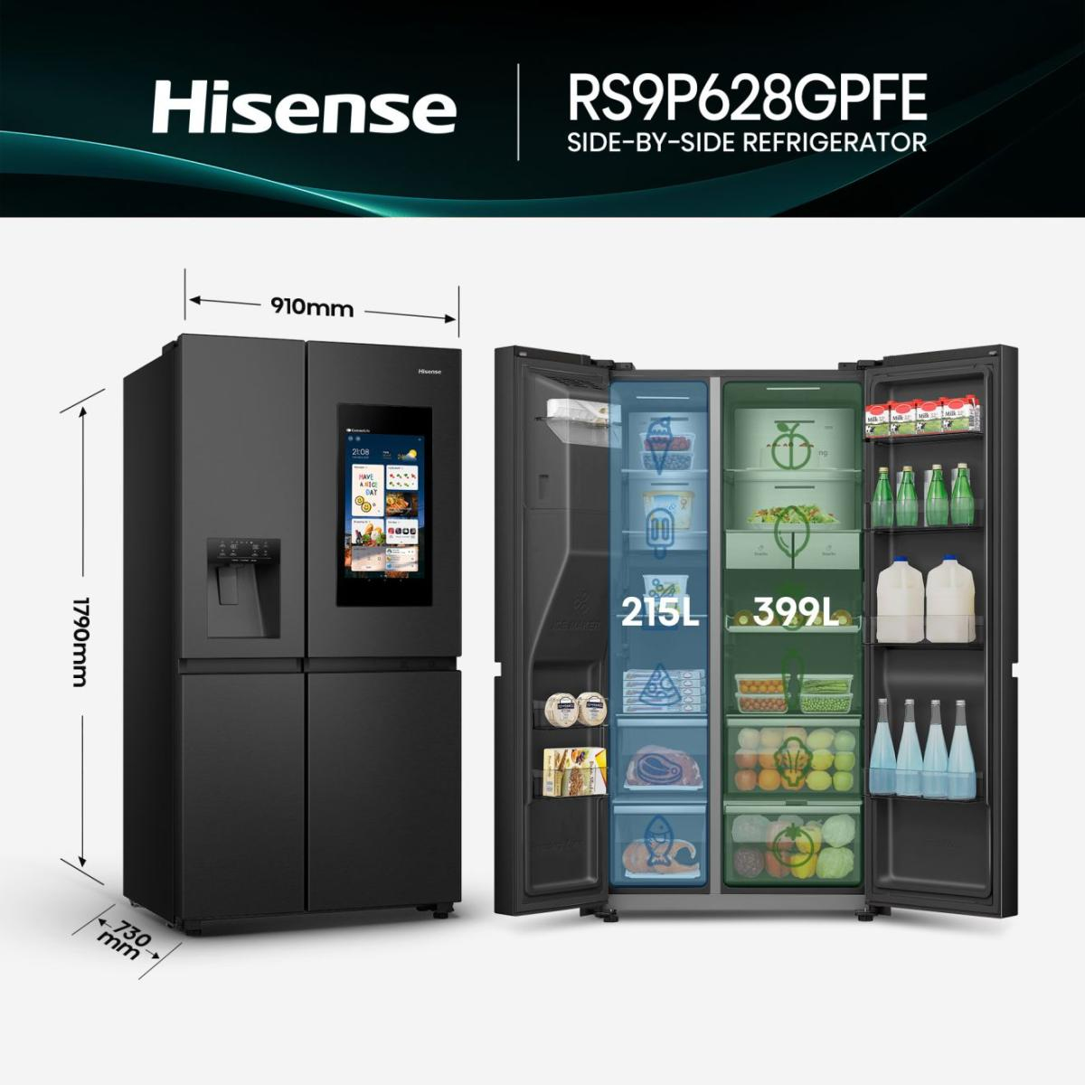 Schwarzer Hisense Side-by-Side-Kühlschrank mit Touchscreen und geöffneten Türen, Maße 179x91x73 cm.