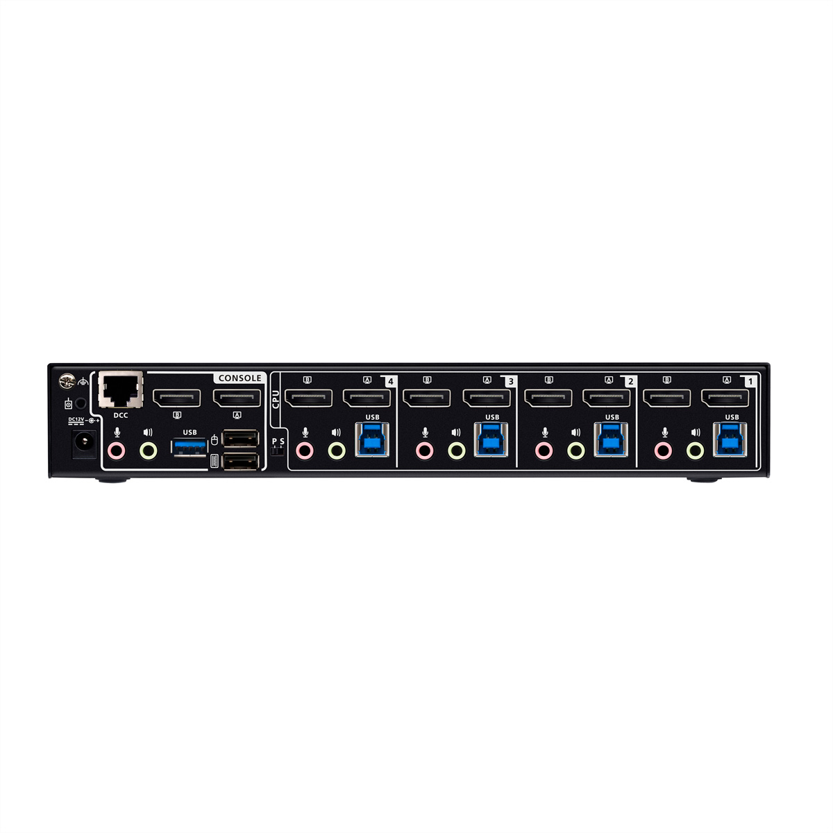 Switch KVM nero a 8 porte con HDMI, porte USB e jack audio.