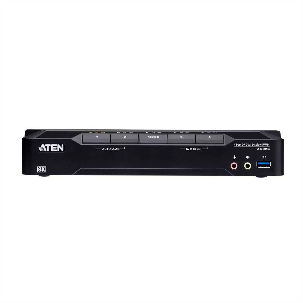 Switch KVMP ATEN Dual Display DP a 4 porte nero con supporto 8K e pulsanti di controllo.