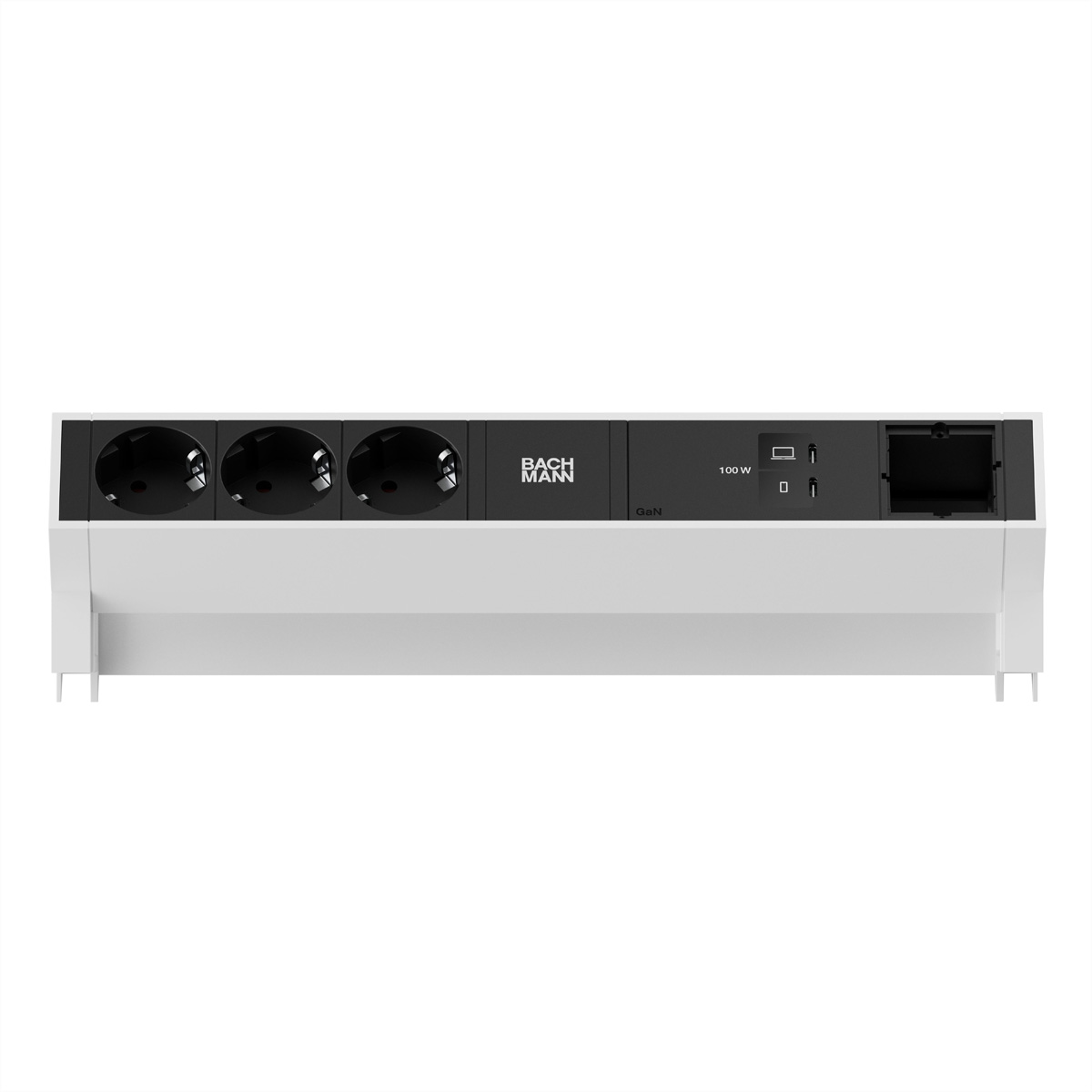Ein weißer Sockel mit einer schwarzen Leiste, die drei Steckdosen, ein Logo, 100 W und einen USB-C-Anschluss hat.