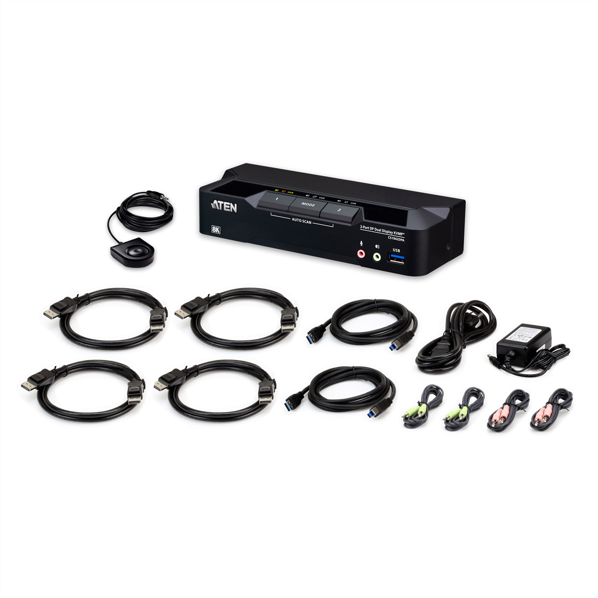 ATEN 8K 2-Port DP Dual Display KVMP-Switch mit Kabeln und Netzteil.