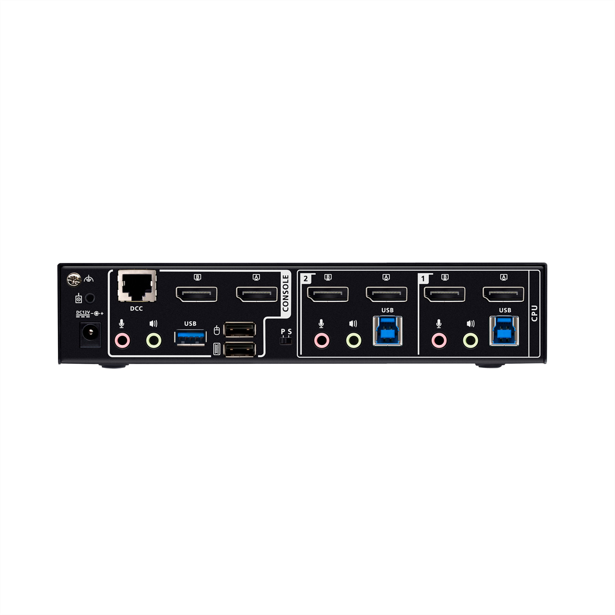 Ein schwarzer KVM-Switch mit Anschlüssen: DC-Strom, DCC, HDMI, USB, Audio.