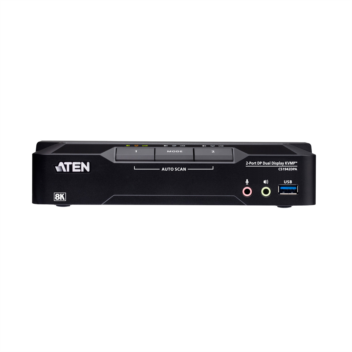 Schwarzer ATEN 2-Port DP Dual Display KVMP mit 8K-Unterstützung, Knöpfen und USB-Anschluss.