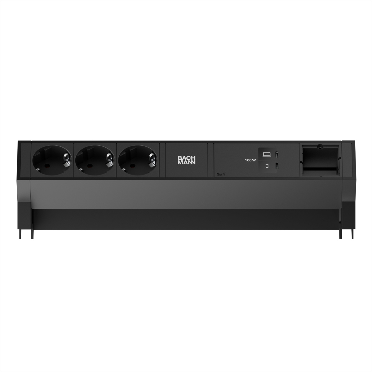 Schwarze Steckdosenleiste mit drei Steckdosen, zwei USB-Anschlüssen und 100W GaN.