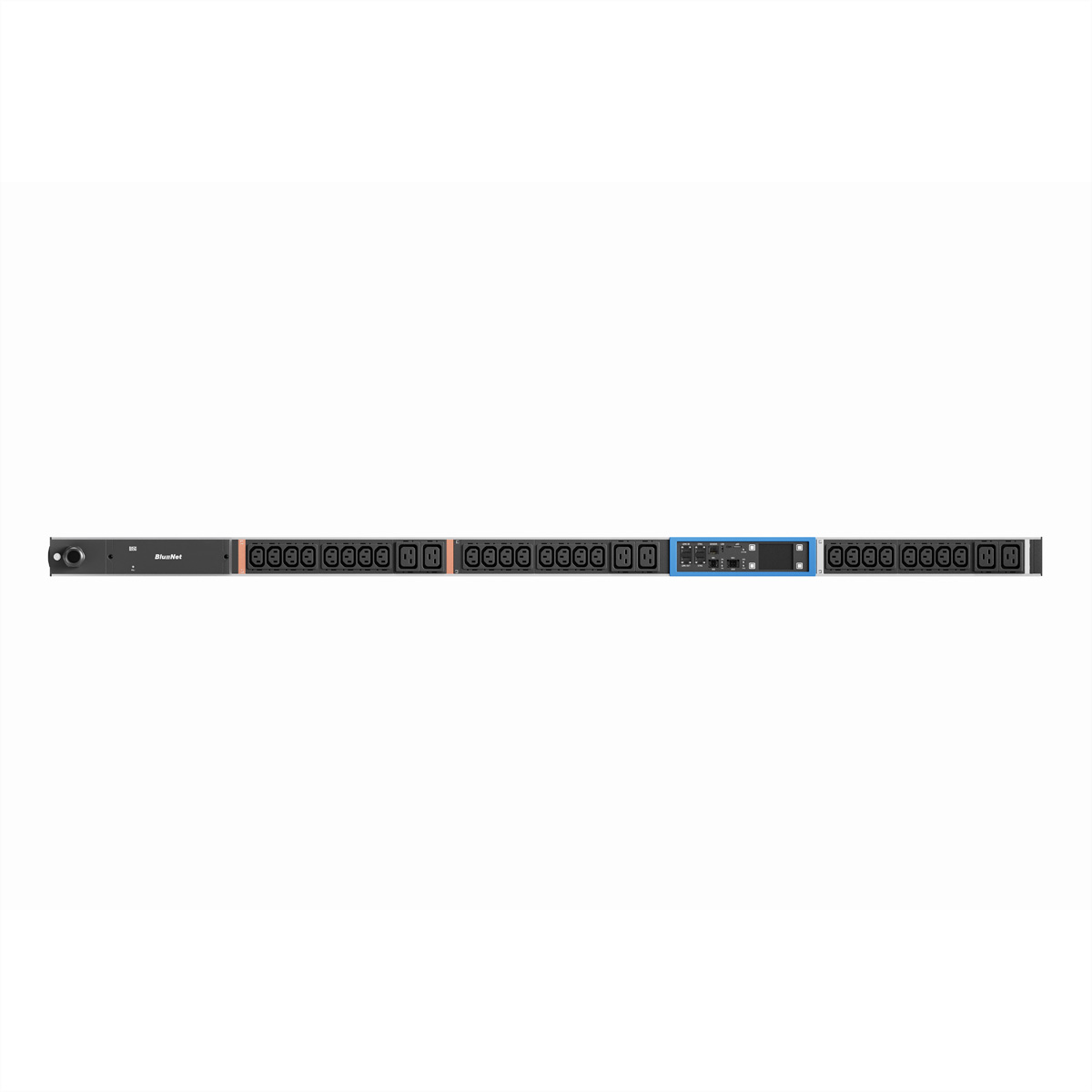Ein schwarzes Rack-Gerät mit vielen Steckdosen und einem blauen Mittelteil.