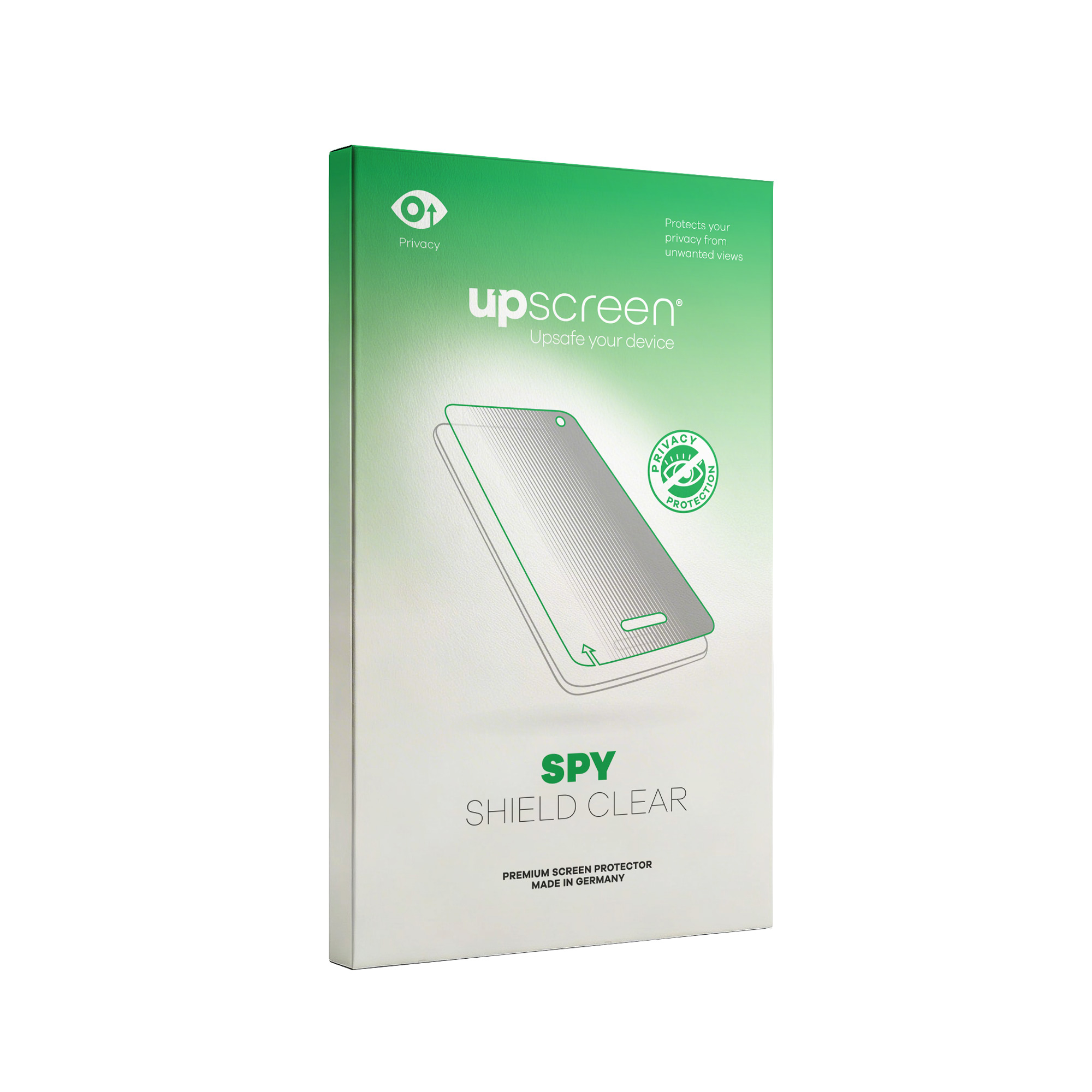 Verpackung für einen Displayschutz für Mobiltelefone mit der Aufschrift 'SPY SHIELD CLEAR'.