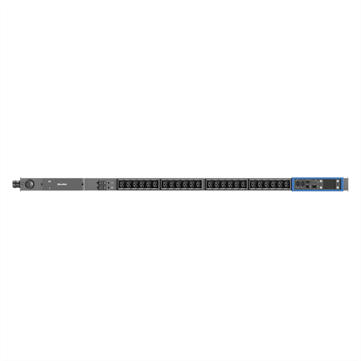 Ein graues Rack-Gerät mit vielen Steckdosen und einem blauen Frontpanel.