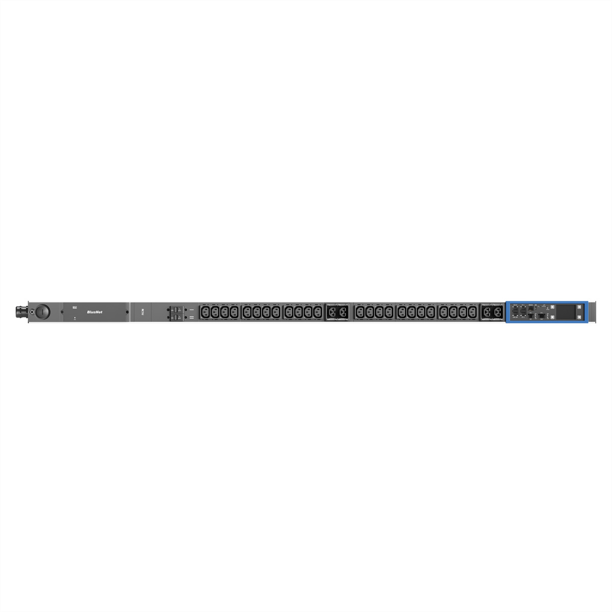 Ein graues Rack-Gerät mit vielen Steckdosen und einem blauen Bedienfeld.