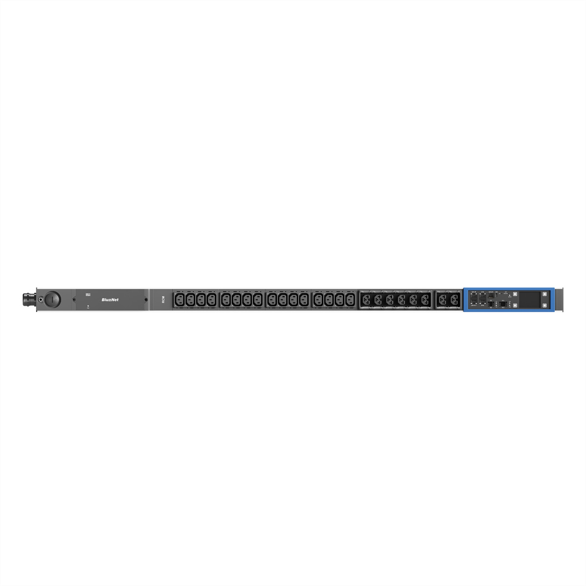 Ein schwarzes Rack-Gerät mit vielen Steckdosen und einem blauen Bedienfeld.