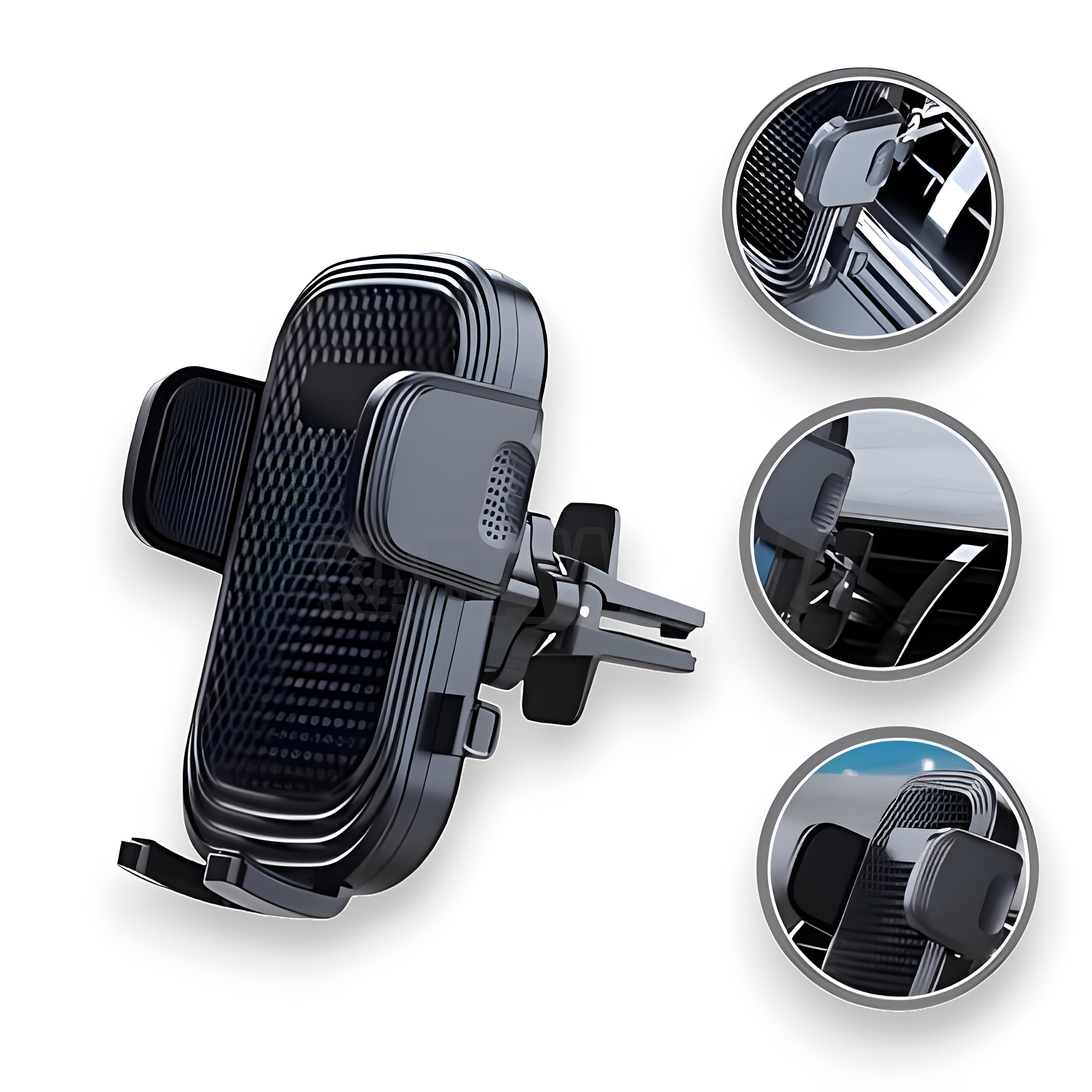 Un soporte para teléfono de coche negro con clip de ventilación. Vistas detalladas muestran el clip.