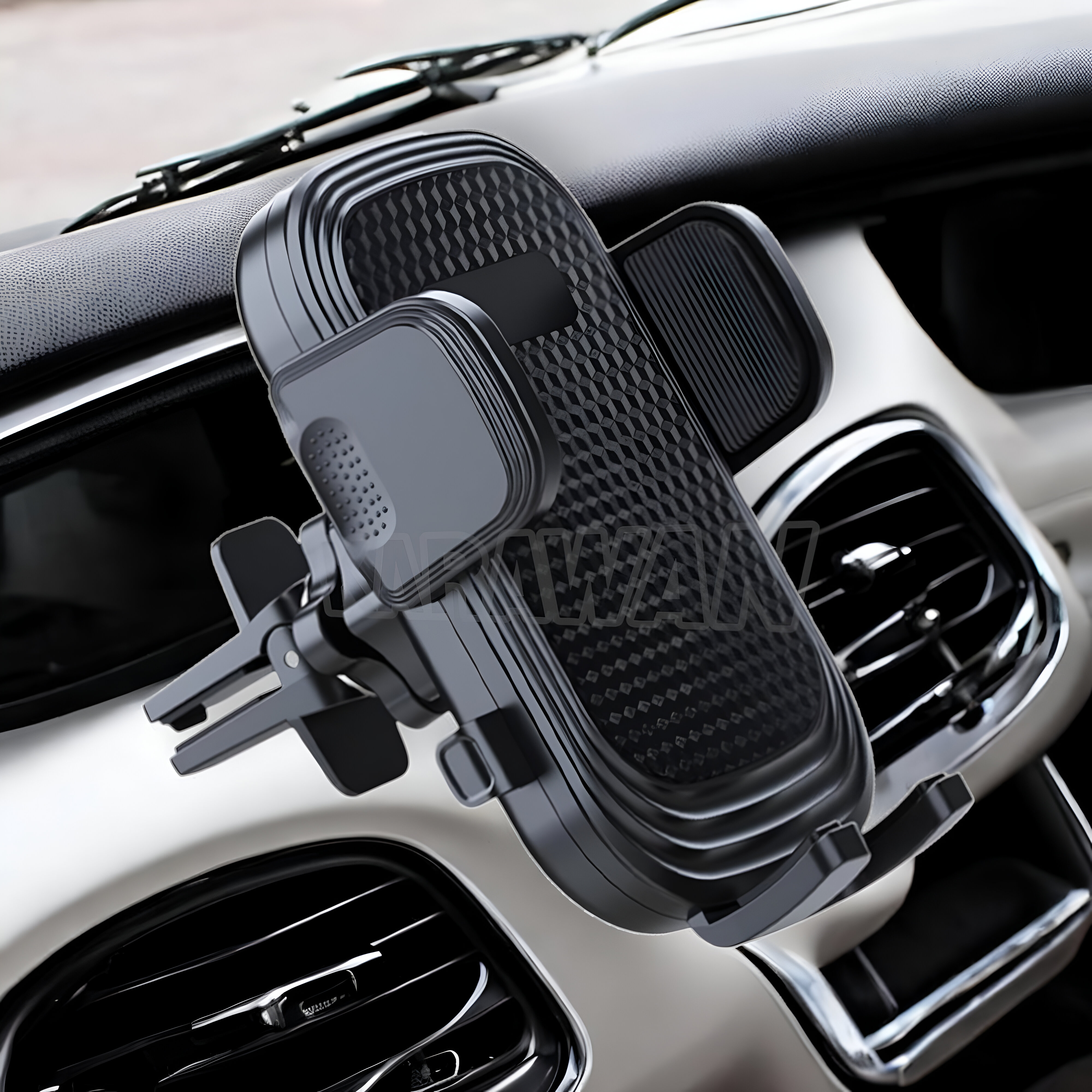 Un soporte negro para teléfono de coche está sujeto a una rejilla de ventilación.
